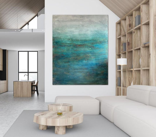 Large teal and blue abstract painting