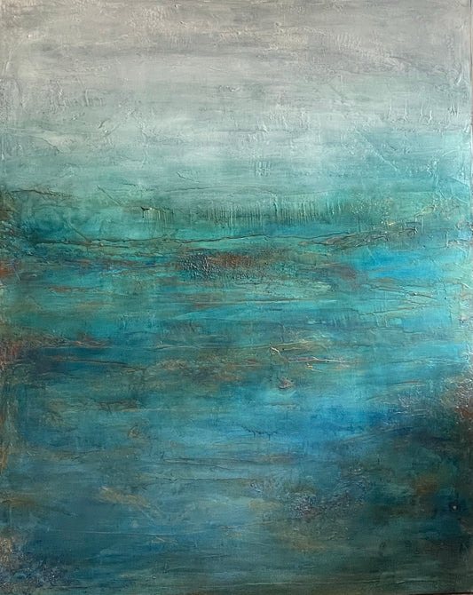Large teal and blue abstract painting