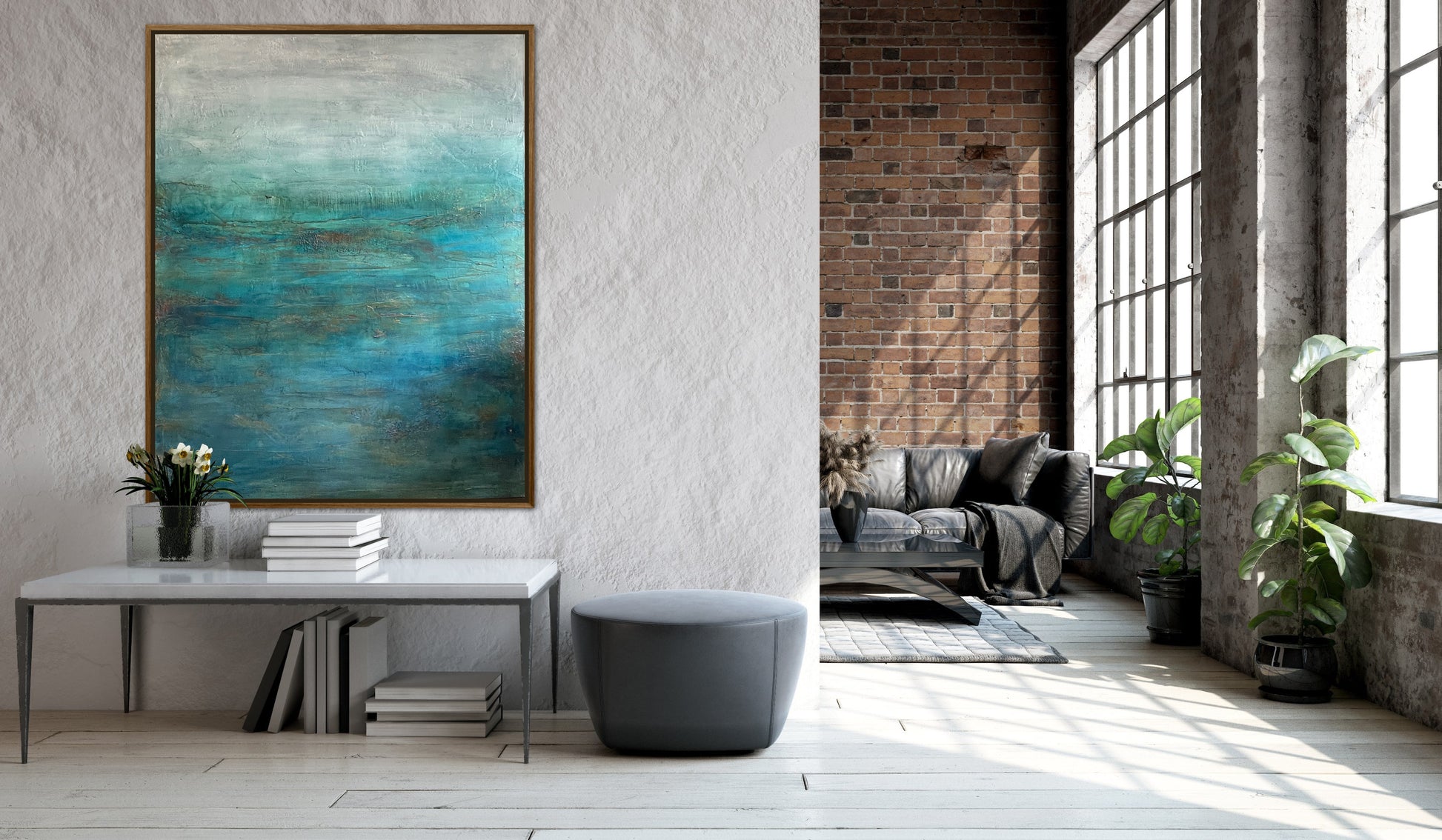 Large teal and blue abstract painting