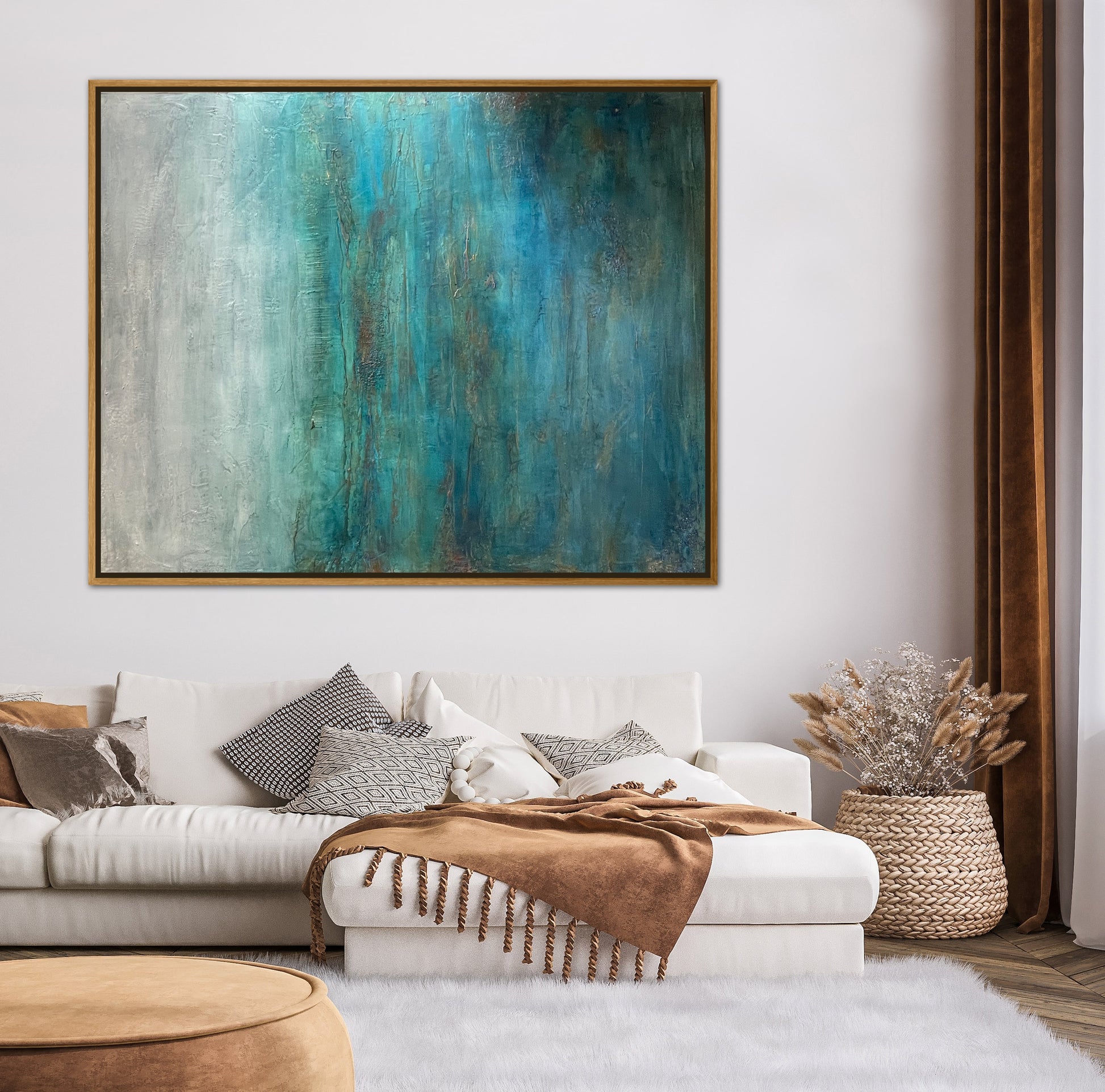 Large teal and blue abstract painting