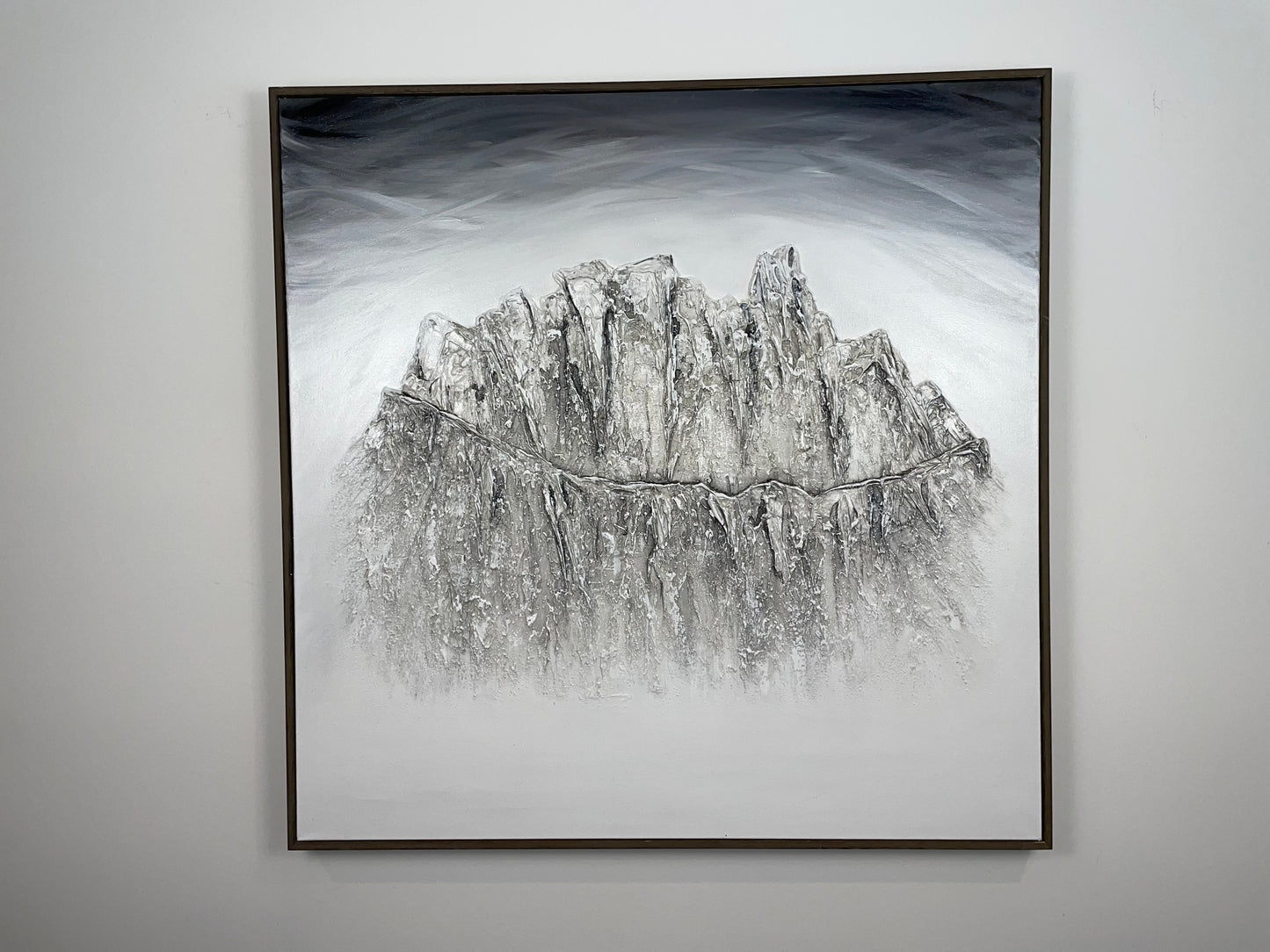 Abstract mountain landscape painting in greyscale