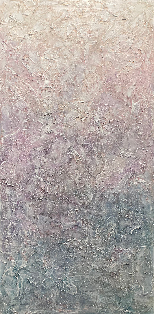 Ombre pink, purple, blue, yellow and white textured abstract art. Large Abstract Textured Colourful Ombre Painting: Blissful Path - Ashley Alexandra