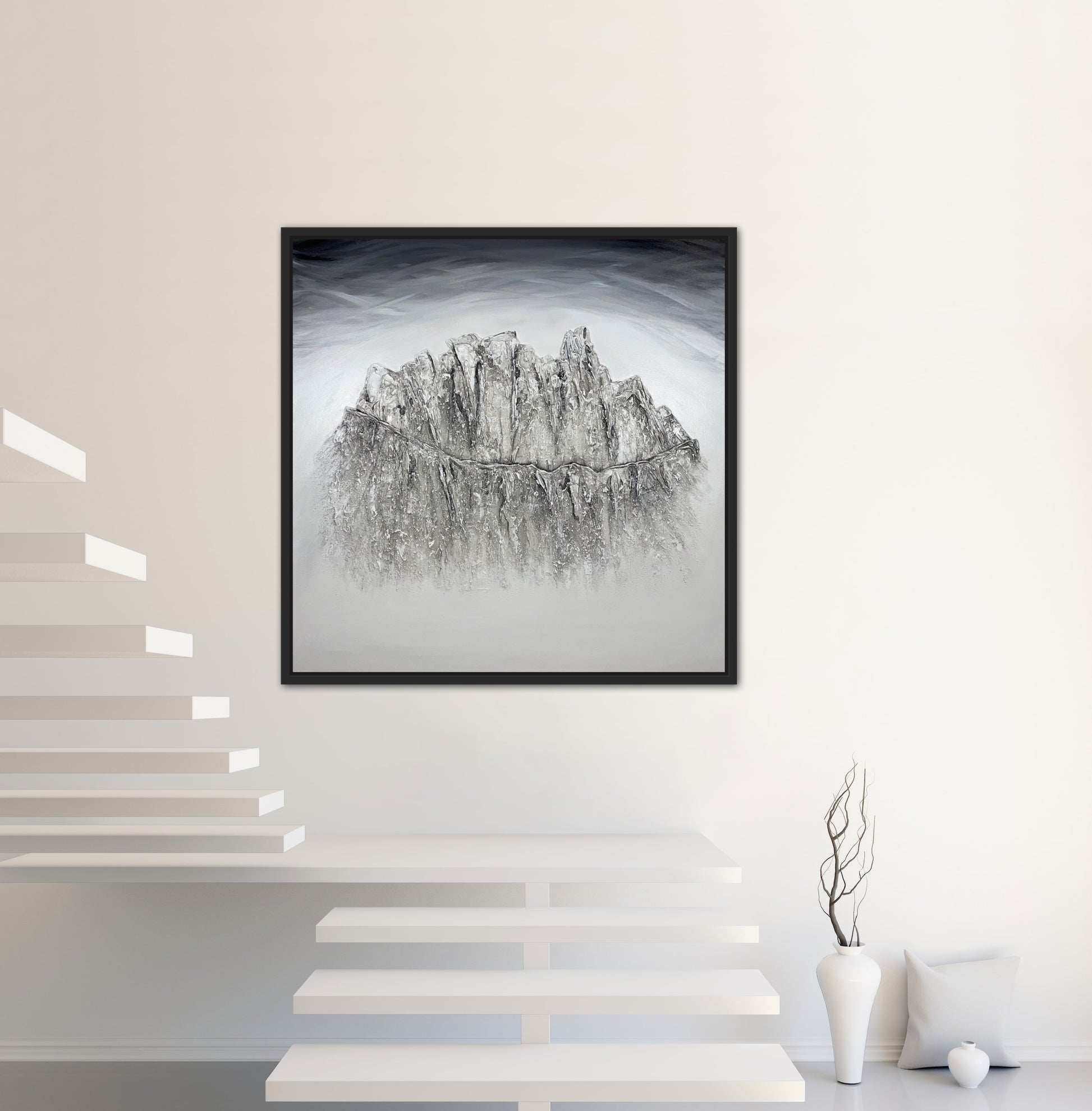 Abstract mountain landscape painting in greyscale