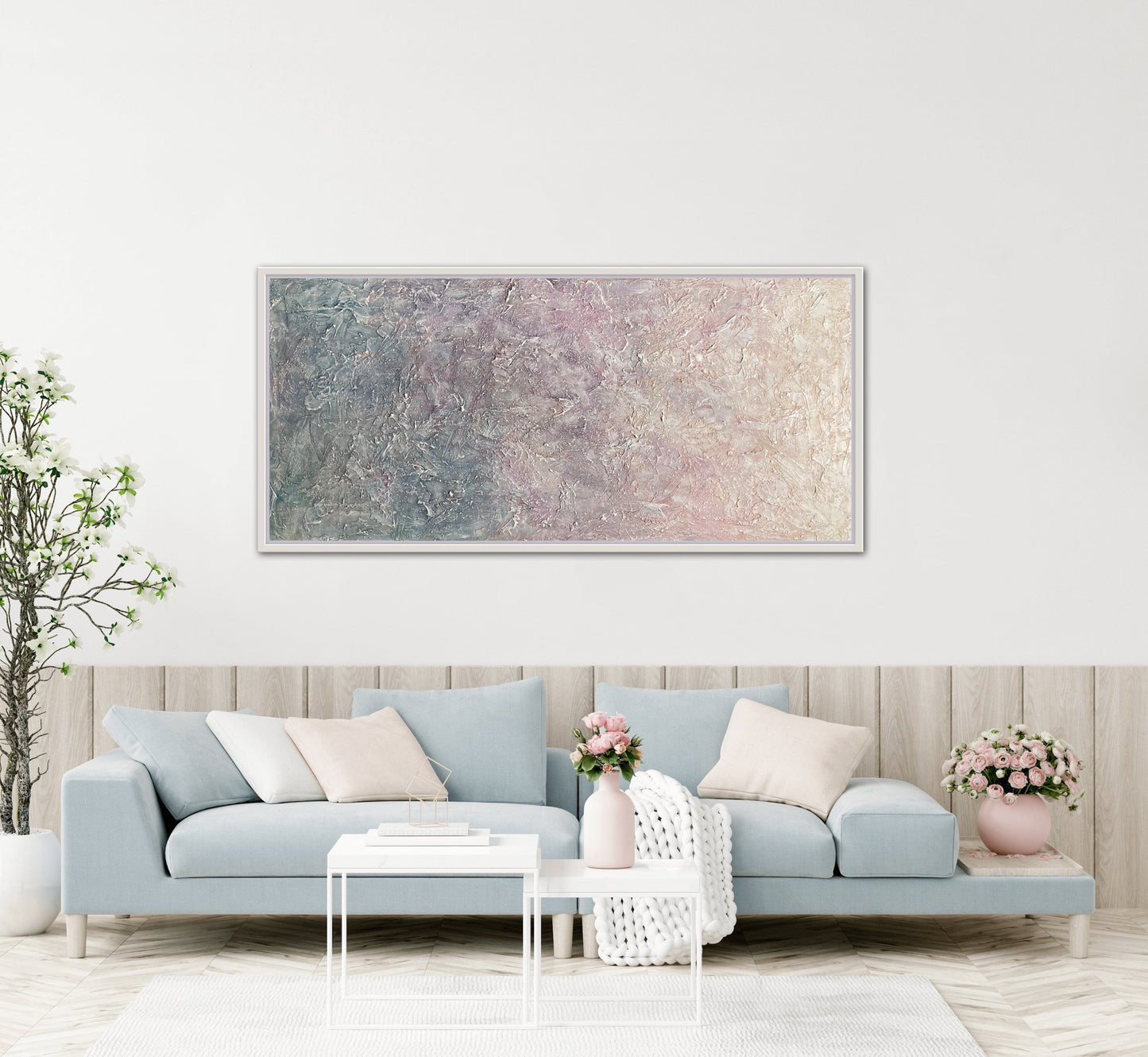 Ombre pink, purple, blue, yellow and white textured abstract art.Large Abstract Textured Colourful Ombre Painting: Blissful Path - Ashley Alexandra