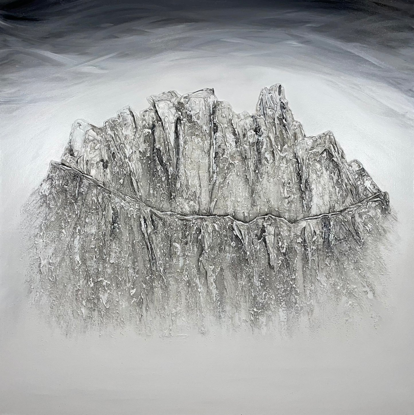 Abstract mountain landscape painting in greyscale